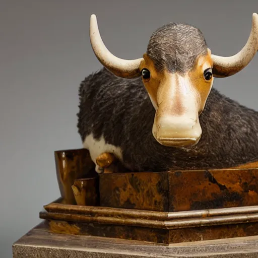 Image similar to a taxidermized smiling goose cow chimera, in a museum, on a pedestal, 8 5 mm lens, 7 0 mm entrance pupil diameter, close - up photograph, high detail, 4 k, soft focus, depth of field