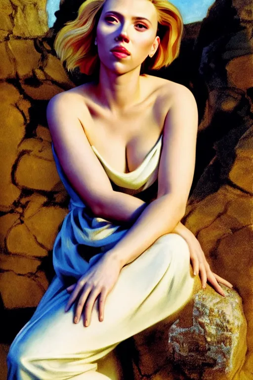 Image similar to portrait of scarlett johansson sitting with full face full figure on a rock near some ruins, in the style of expressionism, soft light, volumetric light, subsurface scattering, translucent skin, john singer sargent