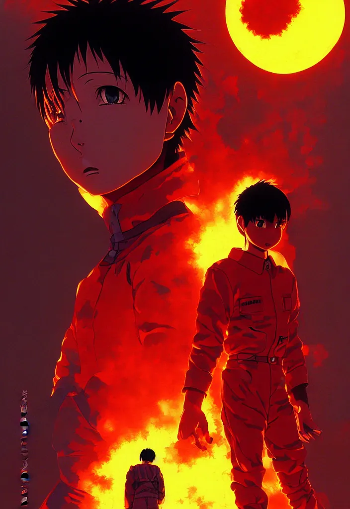 Image similar to detailed anime character portrait of kaneda from akira by katsuhiro otomo, silhouetted by a burning sun in neo - tokyo | anime, matte painting, dystopian megacity neo - tokyo, perfect, fine details, realistic, shaded, lighting, akira, artgerm, jeremy lipkin and michael garmash and rob rey