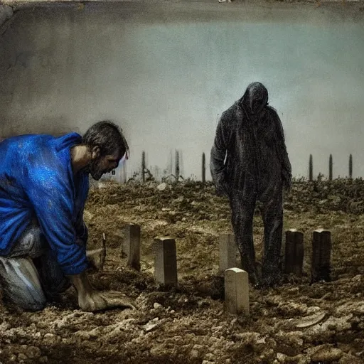 Image similar to one man in a cemetery digging up a dead body, by nicola samori, painting, 8 k, high detail, blue, orange, and dark green tones, high quality, sad feeling, high detail, dark colors, sinister atmosphere, dramatic lighting, cinematic, establishing shot, extremely high detail, photo realistic, cinematic lighting