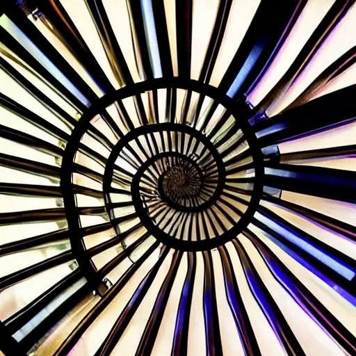 Prompt: a photograph of a glass spiral staircase made of stained glass piano keys
