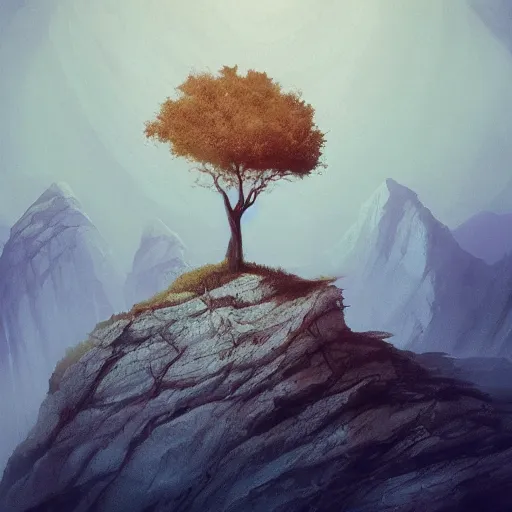 Prompt: a lone tree on the edge of a cliff overlooking a vast abyss, fantasy, concept art, illustration, artstation award