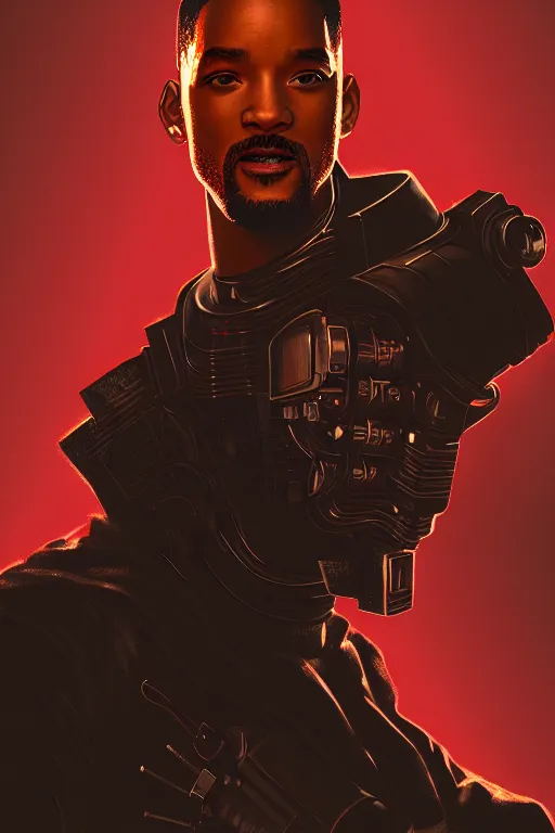 Image similar to portrait of cyberpunk will smith, grim - lighting, high - contrast, intricate, elegant, highly detailed, digital painting, artstation, concept art, smooth, sharp focus, illustration