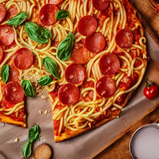 Image similar to pizza spaghetti, 8k hd food time, cinematic photography