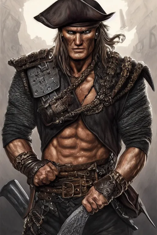 Prompt: ultra realistic illustration, hulking herculean dolph lundgren as a rogue pirate thief from baldurs gate and diablo, intricate from baldurs gate, elegant, highly detailed, digital painting, artstation, concept art, smooth, sharp focus, illustration, art by artgerm and greg rutkowski and alphonse mucha