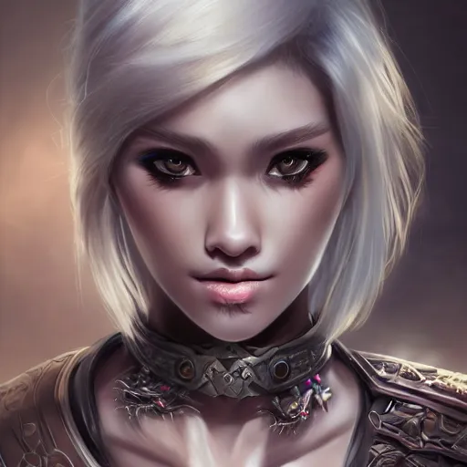 Prompt: realistic beautiful gorgeous natural cute fantasy badass epic assassin tanned skin tribal girl white blonde hair art drawn full HD 4K highest quality in artstyle by professional artists WLOP, Taejune Kim, JeonSeok Lee, ArtGerm, Ross draws, Zeronis, Chengwei Pan on Artstation