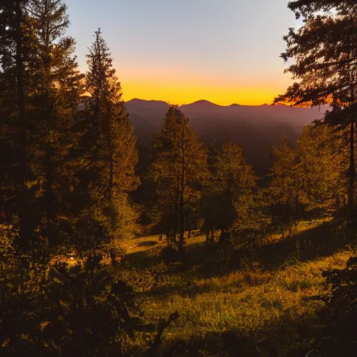 Prompt: calm peaceful wooded mountain during sunset, silhouetted trees against the sky, 8k hd, light reflection, relaxing, alone, first person