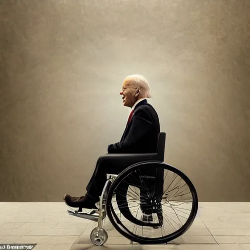 Prompt: hyperrealistic mixed media image of joe biden in a wheelchair wearing a bicycle helmet, stunning 3 d render inspired art by istvan sandorfi and greg rutkowski, perfect facial symmetry, realistic, highly detailed attributes and atmosphere, dim volumetric cinematic lighting, 8 k octane extremely hyper - detailed render, post - processing, masterpiece,