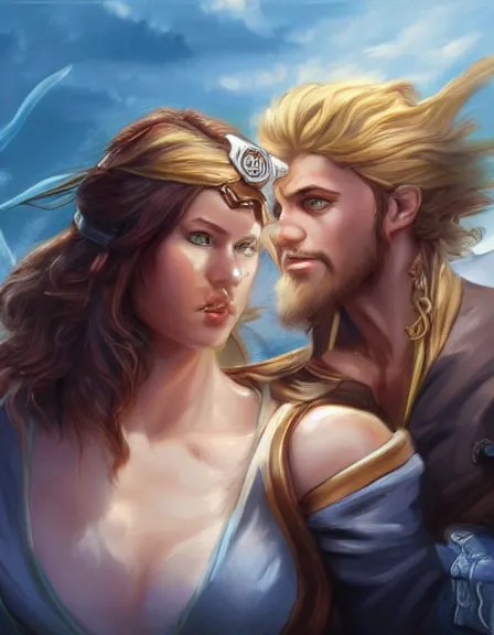 Prompt: couple. fully clothed armed female pirate captain with a male pirate partner, sun, summer, blue eyes, beauty, wisdom, love, strength, knowledge, smart, portrait, symmetrical, highly detailed, digital painting, artstation, smooth, sharp focus, illustration, strength, art by artgerm and louis theophile hingre. 8 k