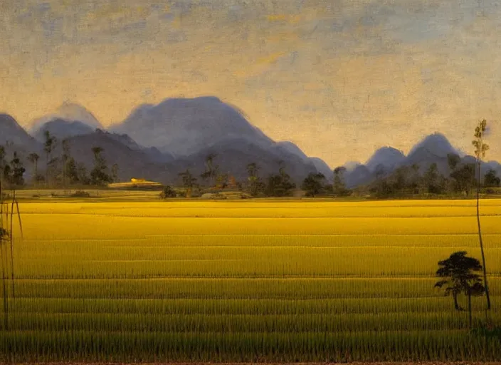 Image similar to painting of a rice paddy with two big mountains in the background, ( a wide asphalt road )!!!! divides paddy field in the middle composition, big yellow sun rising between 2 mountains, oil painting by old master masterpiece