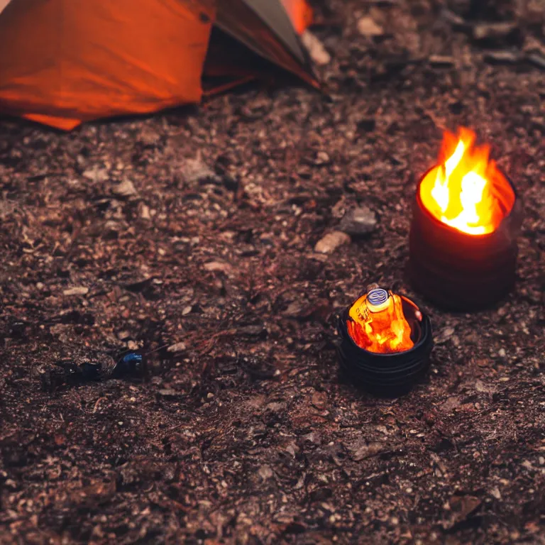 Image similar to close - up of a tiny bottle with a tent and campfire inside. dramatic lighting, night, hyper realistic, highly detailed, 4 k