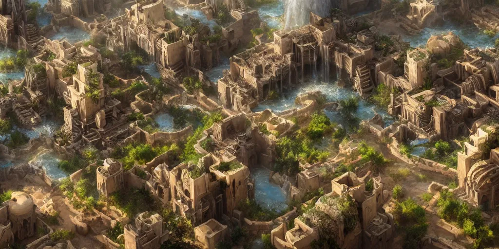 Image similar to Sprawling bustling high fantasy oasis desert village flowing with water, Cinematic Matte Painting, Insanely Detailed, Award Winning, Trending on Artstation, 8k, UHD