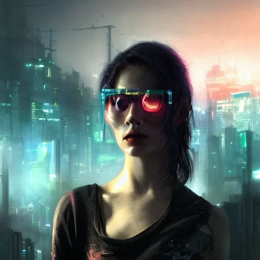 Image similar to molly millions, closeup portrait of a young beautiful cyberpunk woman, eye implants, black hair in a rough shag, sunset, neuromancer, street samurai, cyberpunk city background, megacity, gorgeous view, depth, painted by seb mckinnon, high detail, digital art, painted by greg rutkowski, trending on artstation