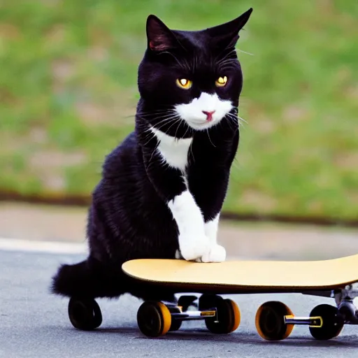 Image similar to salem the cat riding a skateboard looking extremely cool, 8 k, tv still