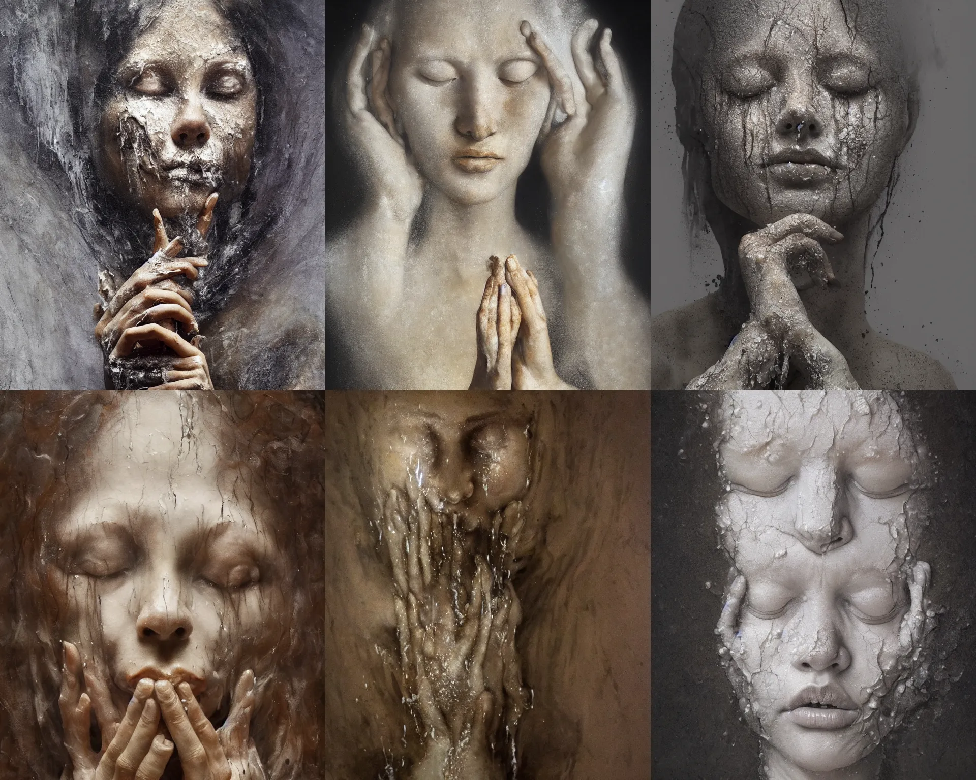 Prompt: Beautiful sculpture of praying woman with closed eyes covered with melted white candle wax by Nicola Samori, Michelangelo da Caravaggio and Beksinski, dramatic volumetric lighting, full body portrait, highly detailed oil painting, trending on artstation, 4k, masterpiece