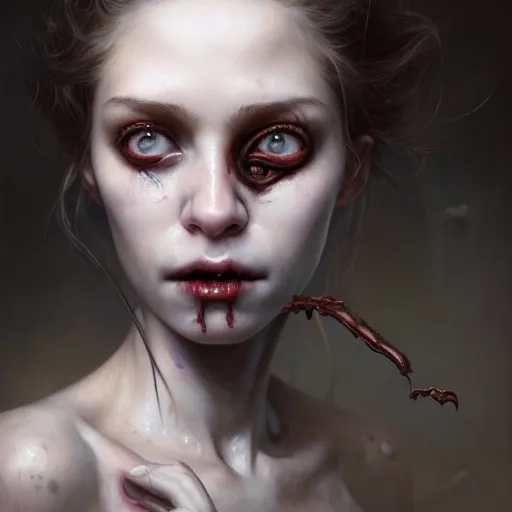 Prompt: portrait painting of horrifying skinless and noseless vampire girl wearing battered vietnam fatigues, ultra realistic, concept art, intricate details, eerie, highly detailed, photorealistic, octane render, 8 k, unreal engine. art by artgerm and greg rutkowski and charlie bowater and magali villeneuve and alphonse mucha