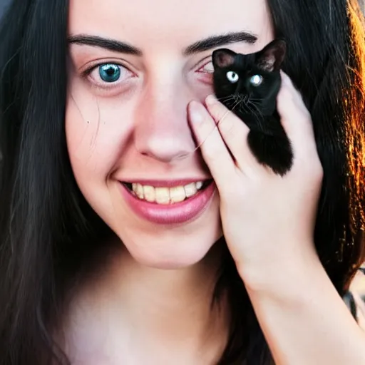 Image similar to a girl with long dark hair, her face is a mix between aubrey plaza, krysten ritter, lucy hale and maisie williams, she is holding a cat in her arms, a stock photo by juan villafuerte, pexels contest winner, high quality photo, rtx, hd, shiny eyes