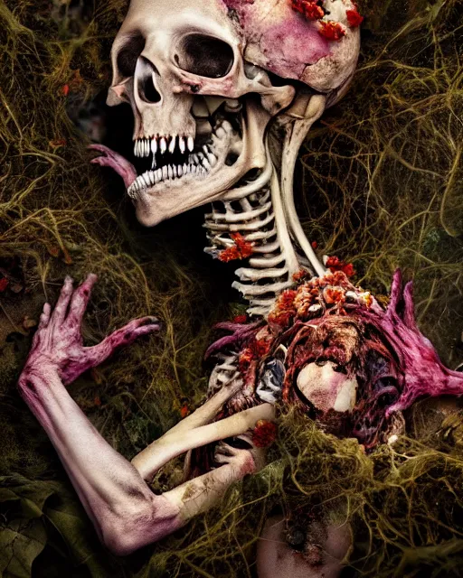 Image similar to a extremely disturbing horror photograph of a creature made out of rotten flowers and nature and fungus and bones, hyperrealism, sharp focus, cinematography, highly detailed, octane render, horror cgi 4 k, matte, photograph by professional photographer