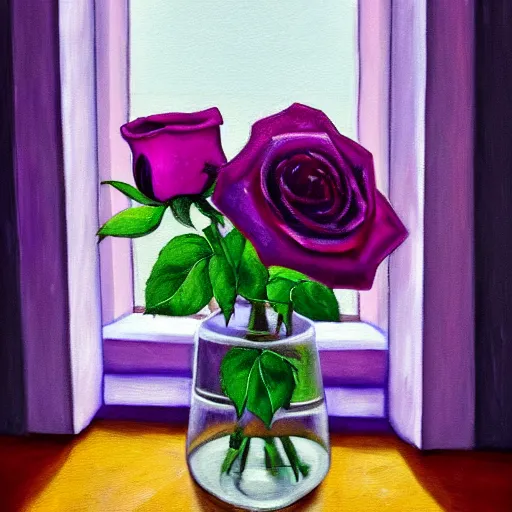 Prompt: A painting of a rose in a vase on a windowsill, with natural light streaming in from the window. The violet is also included in the composition. The painting has an impressionistic style, with soft, blurry lines and muted colors., trending on artstation