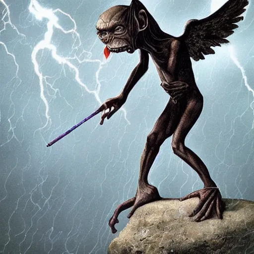 Prompt: gollum with angel wings flying with cig in mouth, thunderstorm, rain, sad,