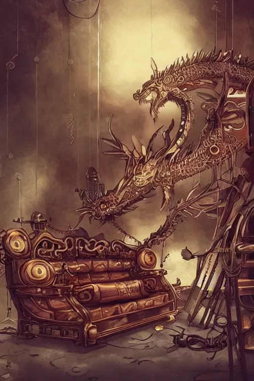 Image similar to anime style illustration, old sick gold and crimsoned scaled asian dragon on a steam punk couch with wires and gears and steam punk apparatus, artstation, matte painting, style of studio ghibli, featured in artstation and artgerm and pixiv, award winning, cinematic, elegant, intricate, 8 k