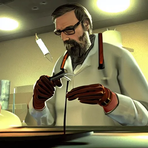 Prompt: gordon freeman synthesizing xen crystals in a meth lab