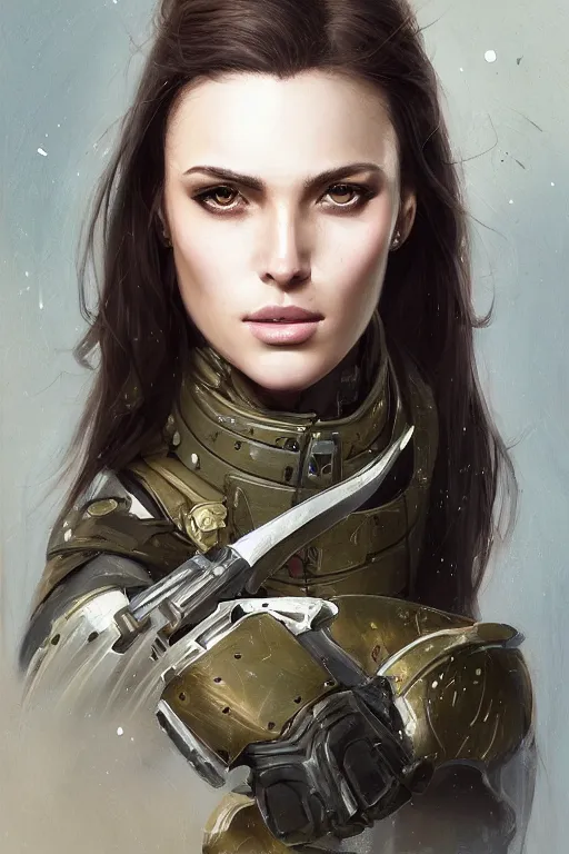 Image similar to a professionally painted portrait of an attractive young woman, clothed in military armor, olive skin, long dark hair, beautiful bone structure, symmetrical facial features, intricate, elegant, digital painting, trending on Artstation, concept art, smooth, sharp focus, illustration, from Metal Gear by Ruan Jia and Mandy Jurgens and Artgerm and William-Adolphe Bouguerea, award winning