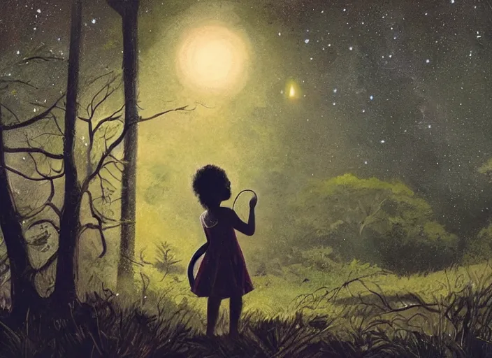 Image similar to a young caribbean girl on the front lawn looking into a telescope up at the stars, night time, forest in the distant background by greg rutkowski,