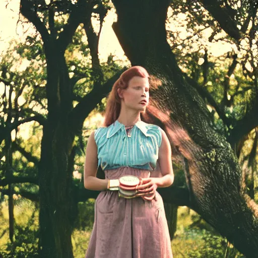 Prompt: a stunning 35mm photo of a lady who looks like she drinks sweet tea drinking sweet tea, southern pastoral scene, hazy air