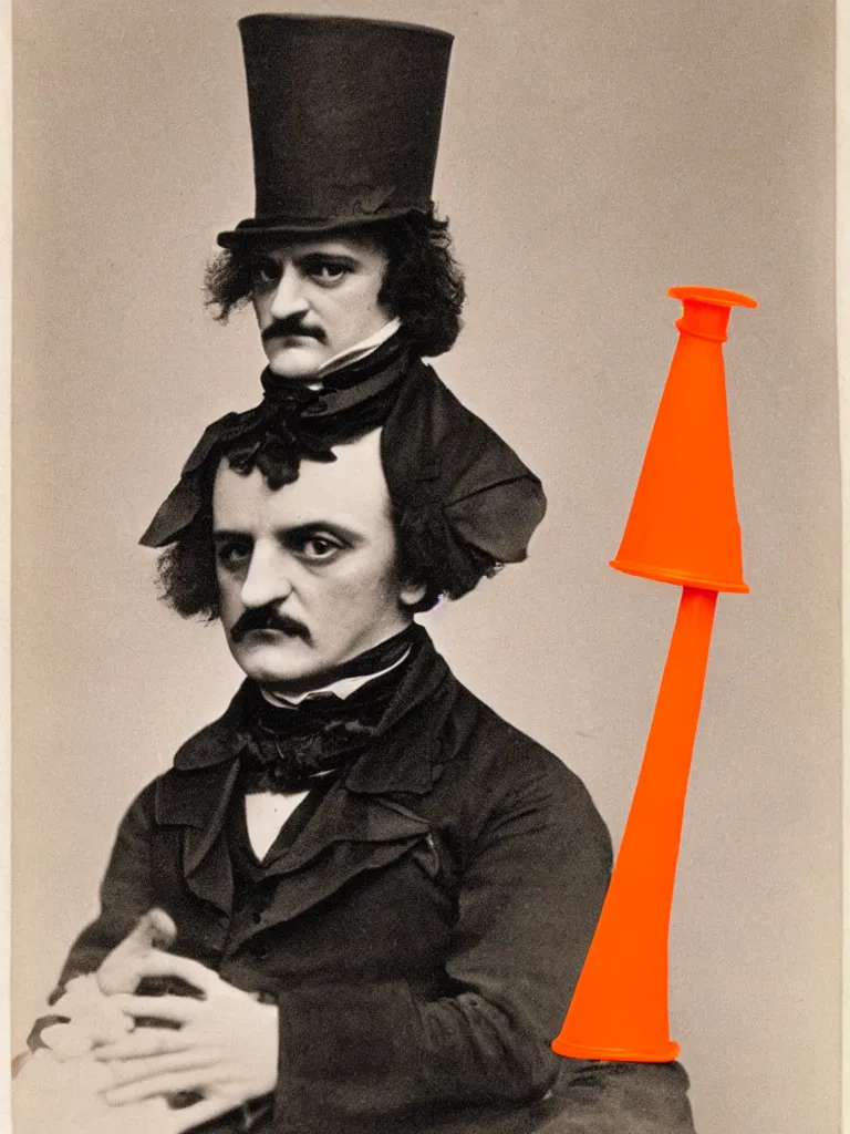 Prompt: edgar allan poe wearing a traffic cone on his head
