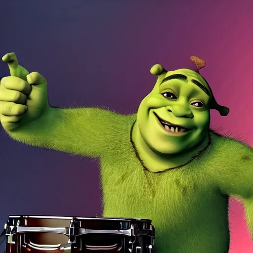Prompt: Shrek playing the drums, render animation, 4k