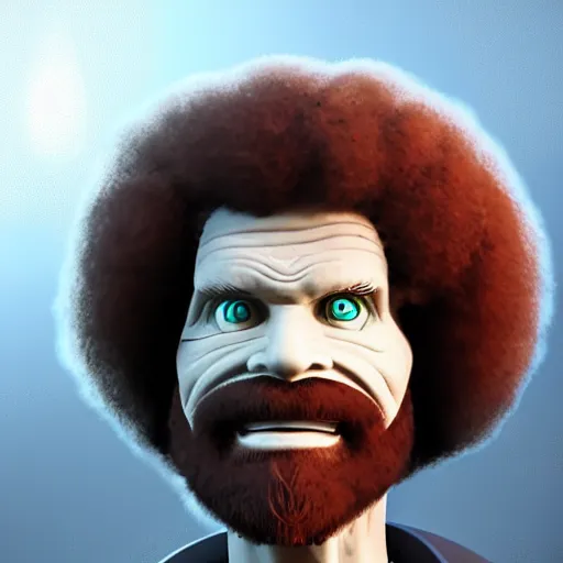 Image similar to bob ross cyborg. glowing eyes, cel shaded, rotoscope, concept art, octane render, unreal engine 5, highly detailed, high quality, 8 k, soft lighting, realistic face, path traced