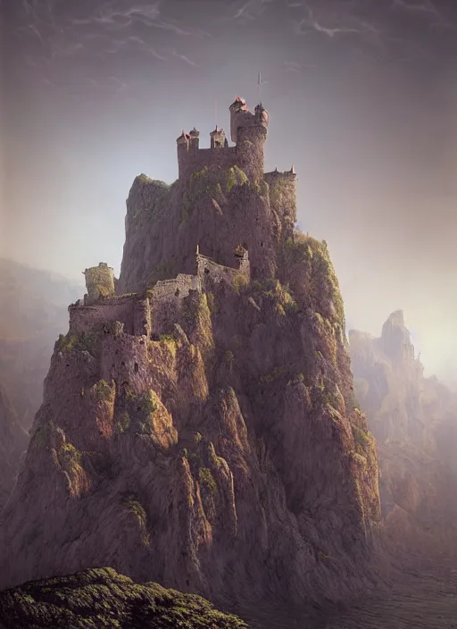 Prompt: a massive medieval castle on a cliff side above a canyon, by zdzislaw beksinski, by josip csoor, portrait, photorealistic, volumetric lighting, horror, detailed, intricate, recursive, raytrace, octane, cgscociety,