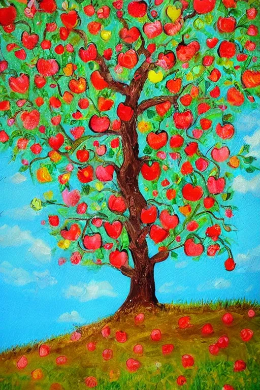 Prompt: a whimsical painting of a whimsical apple tree with apples and hearts and flowers on a small hill, painted by Lilia Alvarado, trending on artstation,