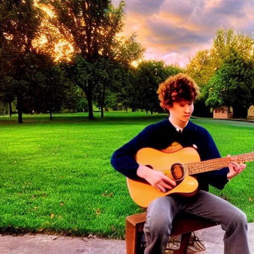 Image similar to 1 9 9 0 s candid 3 5 mm photo of a man sitting on a bench in a park playing guitar, cinematic lighting, cinematic look, golden hour, the clouds are epic and colorful with cinematic rays of light, photographed by petra collins, uhd