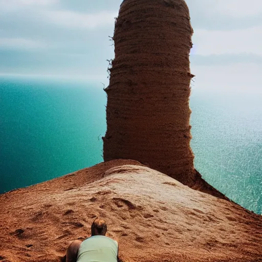 Image similar to man sitting on top peak mountain cliff looking at huge sand tornado