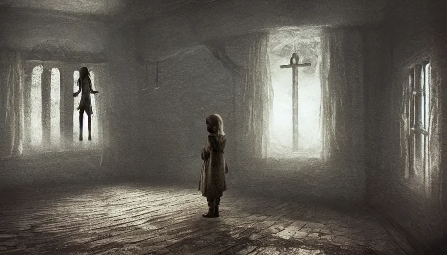Image similar to in the long past, a alone child, alone in the darkside, cold place, mother of witchers in there, shaodws breathing, spirits in the dark, real atmosphere, old home decor, crossbreeding, rainy window