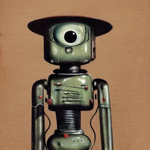 Image similar to medium shot 1 9 5 0 s retro cactus robot, bionic arms and eyes. muted colours. by jean - baptiste monge