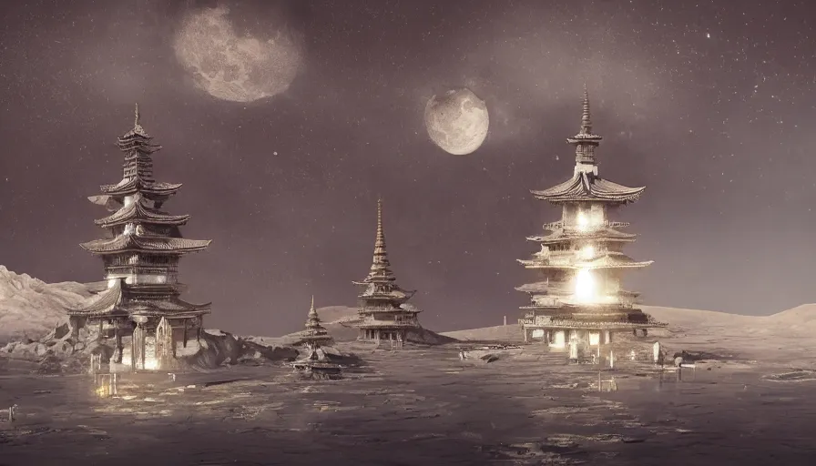 Prompt: japanese pagodas built on the moon with fountains with the earth in the background, hyperdetailed, artstation, cgsociety, 8 k