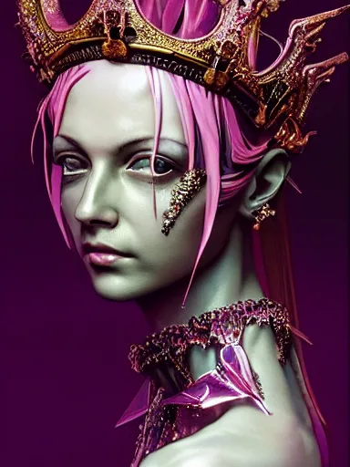 Image similar to pink portrait of beautiful female angel queen Lisa head wearing shiny pink crown, subtle purple accents, hyper details, black metal rococo, sculpted by Alex Alice, Craig Mullins, yoji shinkawa, trending on artstation, beautifully lit, Peter mohrbacher, hyper detailed, insane details, intricate, elite, elegant, luxury, ray of light through smoke, CGsociety, hypermaximalist, blackpink, golden ratio, volumetric, octane render, weta digital, micro details, 3d sculpture