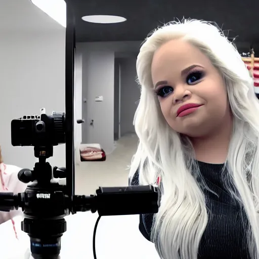 Image similar to trisha paytas doing a livestream, shallow depth of field, bokeh, anamorphic lens flare, 8k, hyper detailed, 35mm film grain