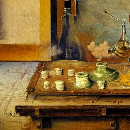 Prompt: oil paiting of an alchemist mixing chemicals on a medieval wooden table