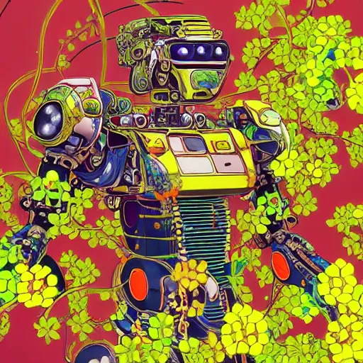 Image similar to colourful vfx art - portrait of army mecha robot wrapped in flowers & vines, art by utagawa kunisada & tadanori yokoo, volumetric light, ray tracing, sharp, detailed, digital painting, illustration, highly detailed, intricate detail, unreal engine, octane render, pinterest, behance, art station,