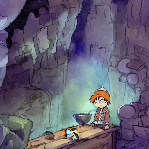 Image similar to dwarf mining for gold in a sparkling dark cave, from studio ghibli, watercolor illustration for a book, proportions, legs of the hand