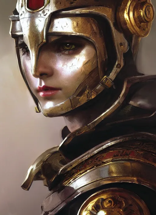 Prompt: close - up portrait of an ancient roman character in chrome ornate armor, by ilya kuvshinov, by thomas lawrence, by bayard wu, trending on artstation, masterpiece