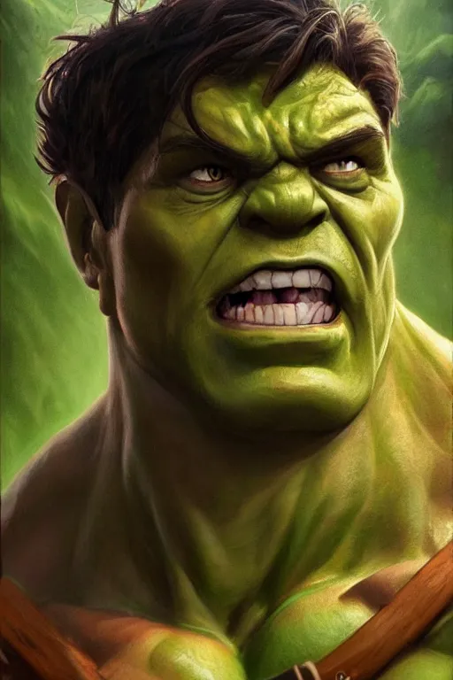 Prompt: a full body high detail fantasy portrait oil painting illustration of hulk by justin sweet with face and body clearly visible, in a scenic background, pretty eyes, realistic proportions, d & d, rpg, forgotten realms, artstation trending, high quality, sombre mood, artstation trending, muted colours, entire person visible!