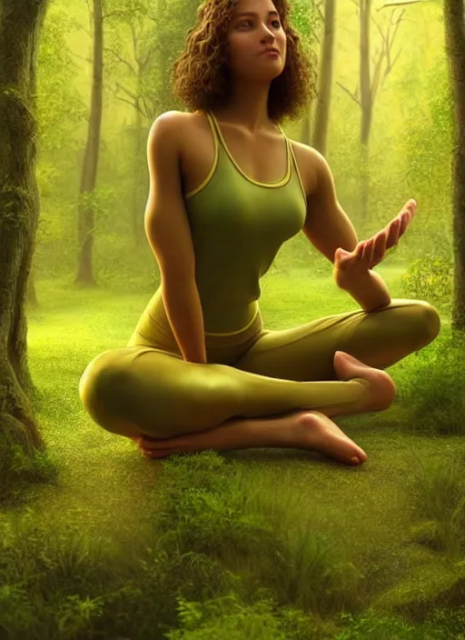 Image similar to young woman sitting in yoga pose : : green - gold nature in forest : : weta disney pixar movie still photo : : decadent highly - detailed digital painting, full length shot, golden ratio, octane render, artstation, smooth, sharp focus, artgerm, mucha, loish, wlop, gogo