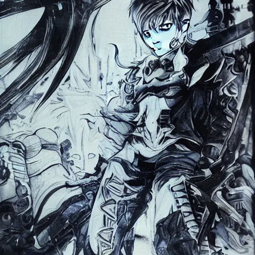 Image similar to Jack Frost from the Shin Megami Tensei series, drawn by Yoji Shinkawa, highly detailed