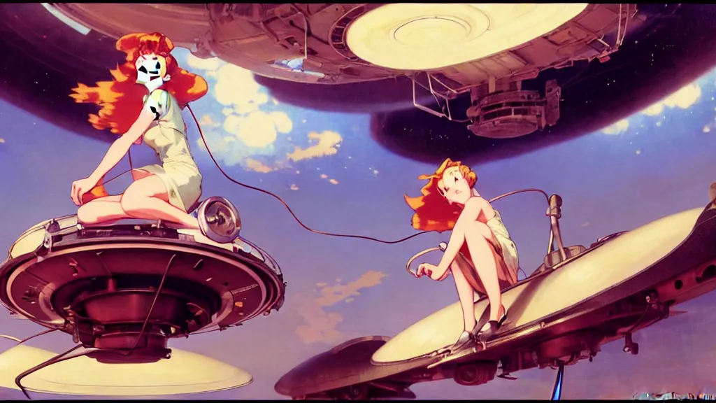 Image similar to a film still of a 1 9 5 0's mechanic anime girl sitting on top of flying ufo landing in hangar of giant ufo spaceship, sharp face focus, finely detailed features, full body mid shot, perfect art, trending on pixiv fanbox, painted by gaston bussiere, makoto shinkai, akihiko yoshida, gaston bussiere, craig mullins