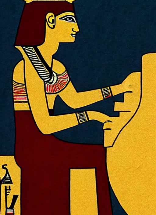 Image similar to ancient egypt painting of girl playing piano, 4 k, high quality, sharp fucos